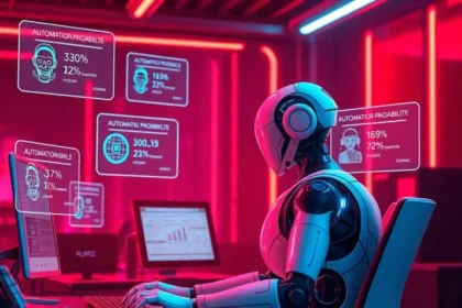 AI-powered automation replacing human jobs with futuristic holographic screens displaying job roles and automation probabilities.