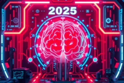 Futuristic AI concept with a glowing brain, holographic interfaces, and digital data streams in red and blue hues, representing AI trends in 2025.