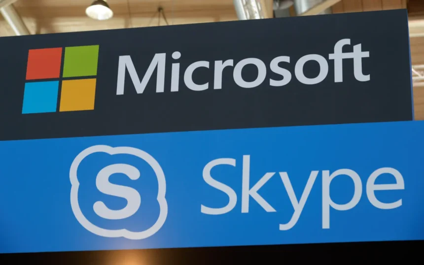 Skype logo with Microsoft logo as Microsoft announces its closure, replacing it with Teams.
