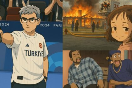 AI-generated Ghibli-style illustrations of viral internet images, including a shooter at the Paris 2024 Olympics, the "Disaster Girl" meme, and a scene from the movie Friday.