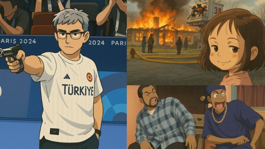 AI-generated Ghibli-style illustrations of viral internet images, including a shooter at the Paris 2024 Olympics, the "Disaster Girl" meme, and a scene from the movie Friday.