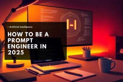 Warm, modern workspace with a laptop displaying code and a large screen titled ‘How to Be a Prompt Engineer in 2025,’ featuring soft lighting and AI-related elements