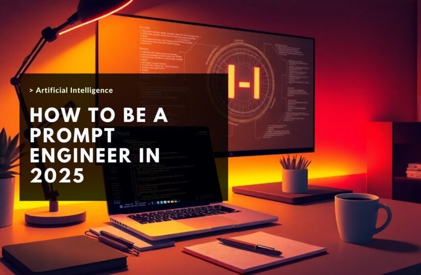Warm, modern workspace with a laptop displaying code and a large screen titled ‘How to Be a Prompt Engineer in 2025,’ featuring soft lighting and AI-related elements