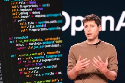 Sam Altman of OpenAI speaking on stage, paired with python code, symbolizing AI’s growing influence on programming