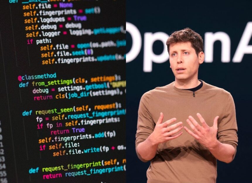 Sam Altman of OpenAI speaking on stage, paired with python code, symbolizing AI’s growing influence on programming
