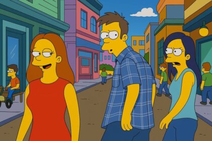 the Simpson-style image created by ChatGPT of the meme of a boyfriend looking back at a girl