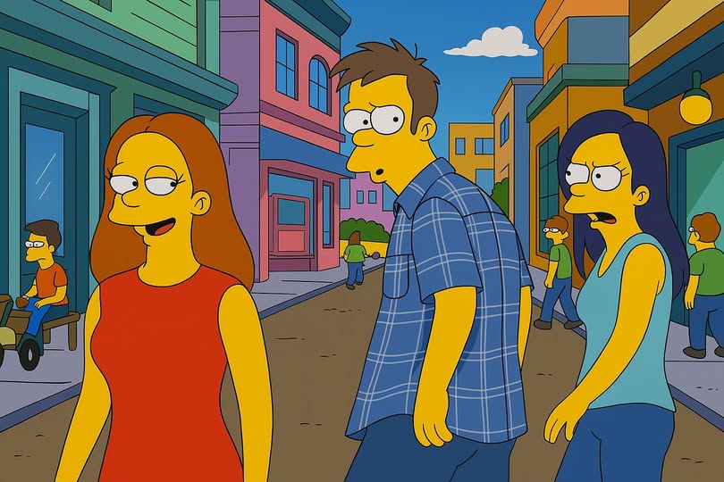 the Simpson-style image created by ChatGPT of the meme of a boyfriend looking back at a girl