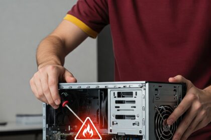 Technician opening a desktop PC case with a warning flame icon indicating hardware failure or overheating