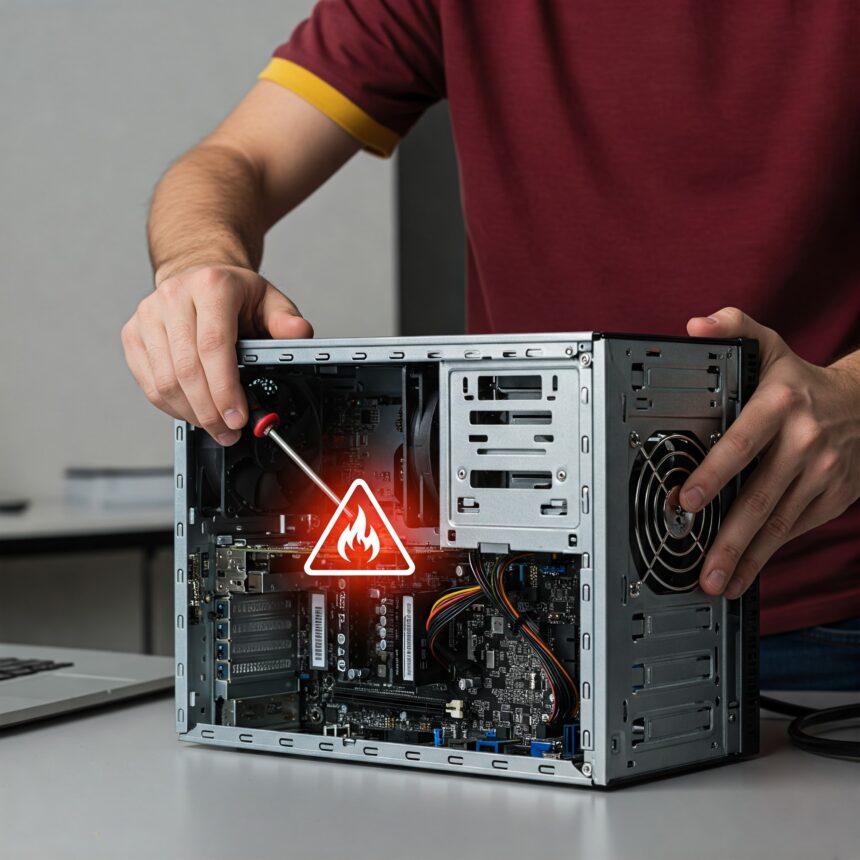 Technician opening a desktop PC case with a warning flame icon indicating hardware failure or overheating