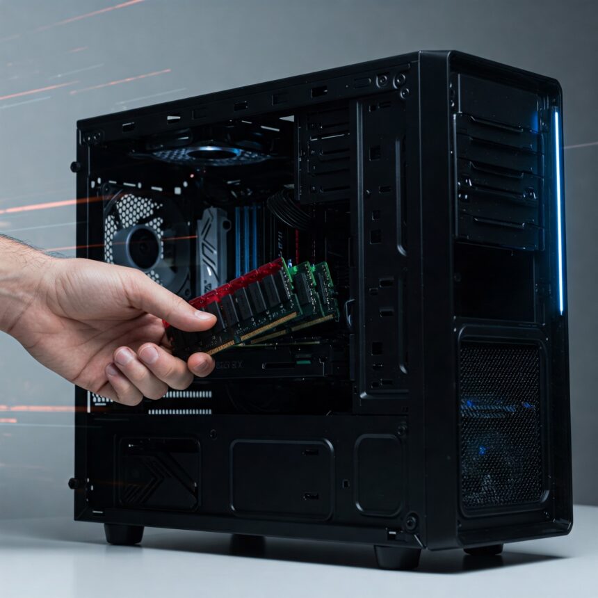 Installing a new RAM stick into a desktop PC to boost performance and speed