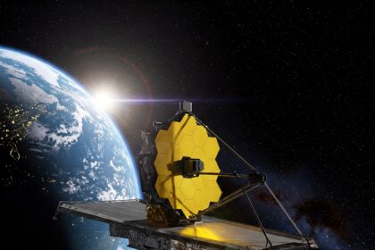 NASA’s James Webb Space Telescope orbiting above Earth, showcasing its golden mirror segments and sunshield, with the Sun glowing in the background
