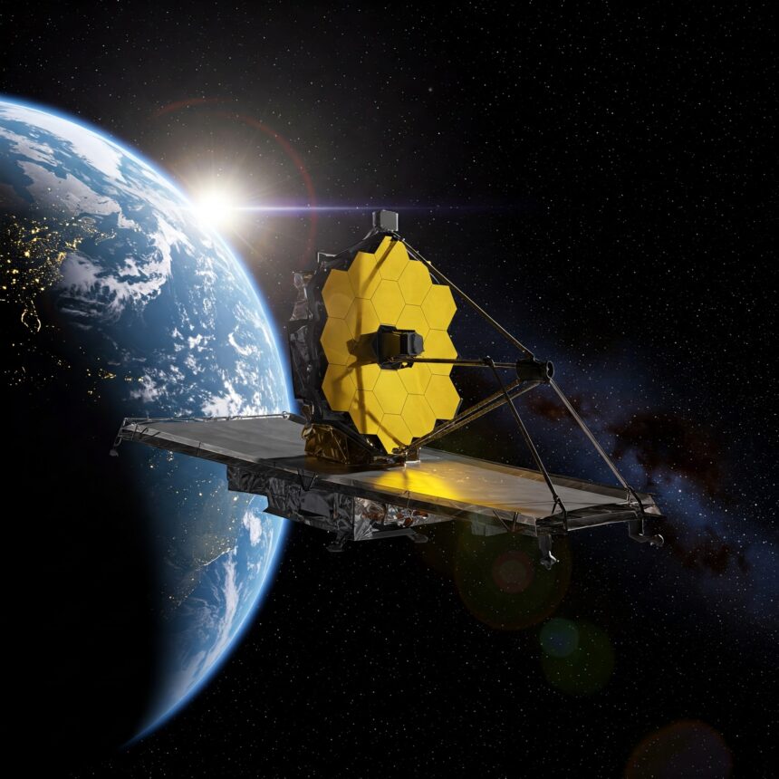 NASA’s James Webb Space Telescope orbiting above Earth, showcasing its golden mirror segments and sunshield, with the Sun glowing in the background