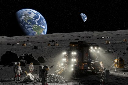 Astronauts conducting a futuristic lunar mining operation on the Moon with advanced machinery and Earth visible in the background