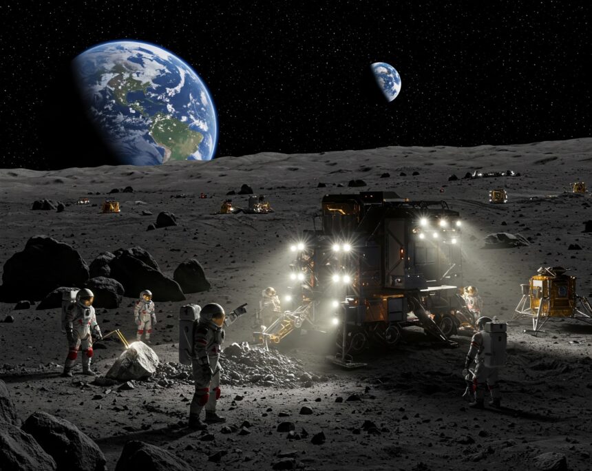 Astronauts conducting a futuristic lunar mining operation on the Moon with advanced machinery and Earth visible in the background