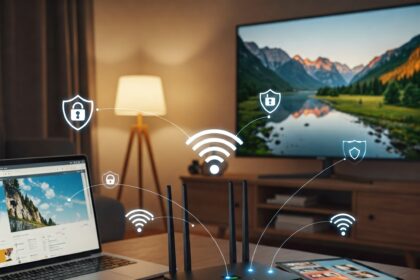 A secure home network setup with a Wi-Fi router, laptop, smartphone, and tablet on a wooden coffee table, displaying network protection icons.