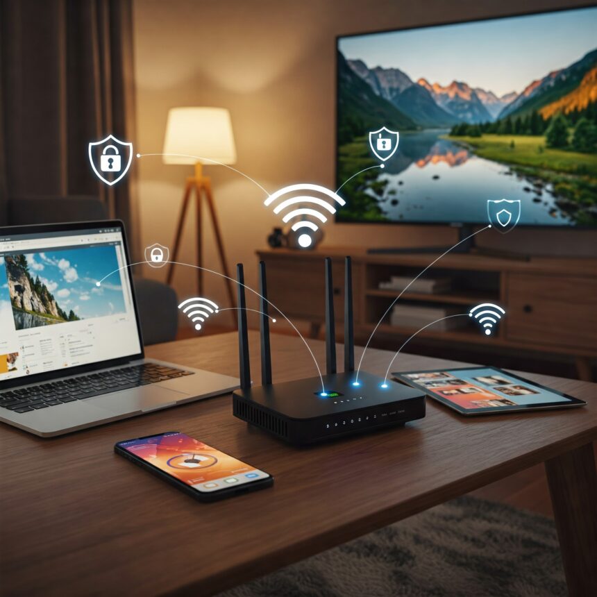 A secure home network setup with a Wi-Fi router, laptop, smartphone, and tablet on a wooden coffee table, displaying network protection icons.
