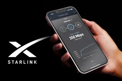 A smartphone showing Starlink's internet speed test, representing SpaceX's satellite-based connectivity service.