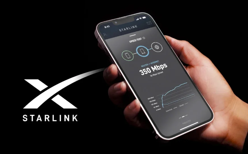 A smartphone showing Starlink's internet speed test, representing SpaceX's satellite-based connectivity service.