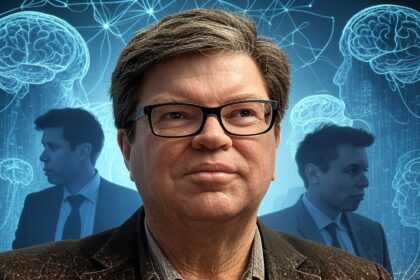 Portrait of AI expert Yann LeCun with a thoughtful expression, set against a digital background featuring neural networks and silhouettes of Elon Musk and Sam Altman.