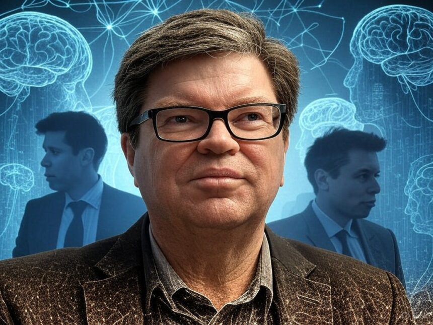 Portrait of AI expert Yann LeCun with a thoughtful expression, set against a digital background featuring neural networks and silhouettes of Elon Musk and Sam Altman.