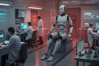 Humanoid robot being observed by scientists in a modern AI research laboratory