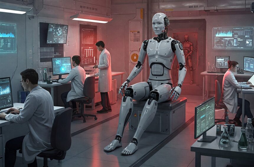 Humanoid robot being observed by scientists in a modern AI research laboratory