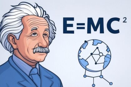 Albert Einstein E=mc² formula with internet network visualization