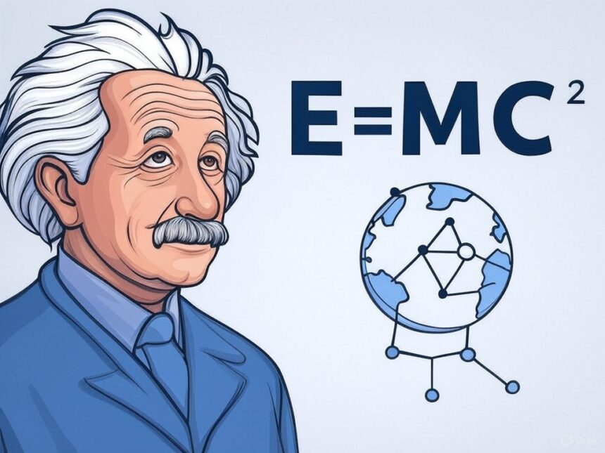 Albert Einstein E=mc² formula with internet network visualization
