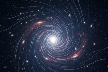 Rotating Universe Theory Concept Visualization – A depiction of the universe's rotational motion every 500 billion years, explaining the Hubble tension in cosmology.