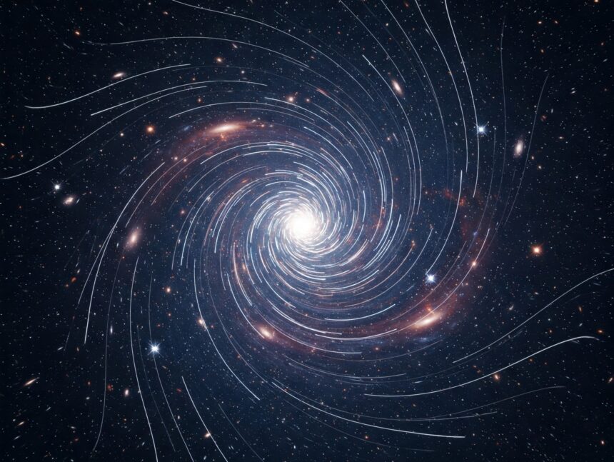 Rotating Universe Theory Concept Visualization – A depiction of the universe's rotational motion every 500 billion years, explaining the Hubble tension in cosmology.
