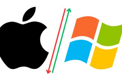 Apple logo with downward arrow and Microsoft logo with upward arrow symbolizing market shift