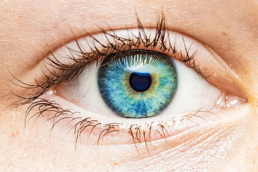 Close-up of a human eye featuring a vivid and saturated blue-green iris
