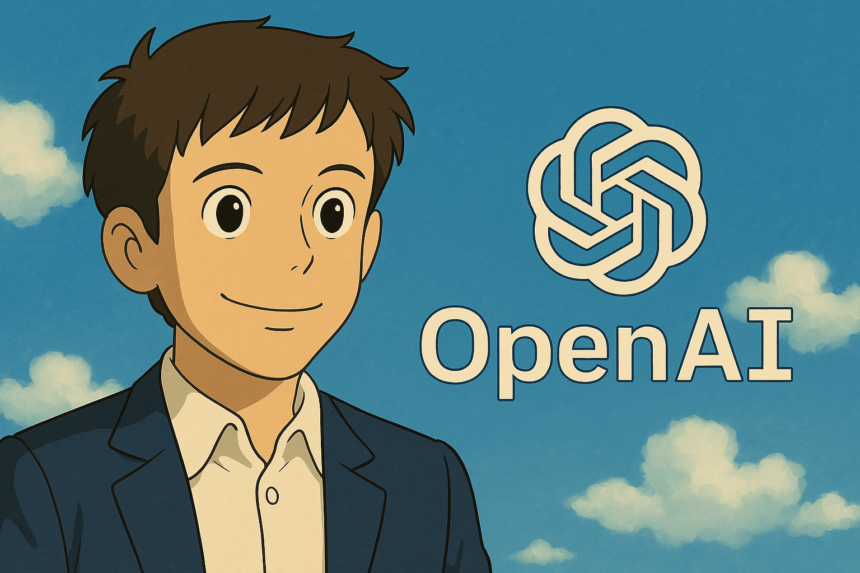 Studio Ghibli-style illustration of Sam Altman in a suit with the OpenAI logo in the background