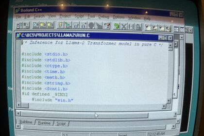 Borland C++ running on Windows 98 displaying source code for Llama 2 AI model inference written in pure C