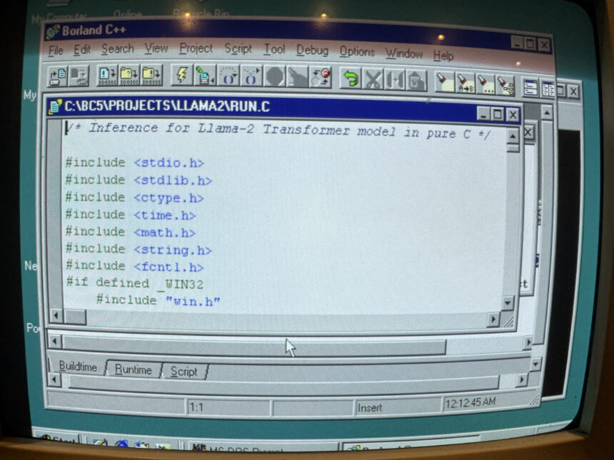 Borland C++ running on Windows 98 displaying source code for Llama 2 AI model inference written in pure C