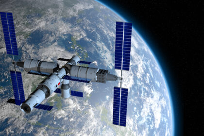 View of TIANGONG 3 - Chinese space station orbiting the planet Earth on black space with stars background. 3D Illustration