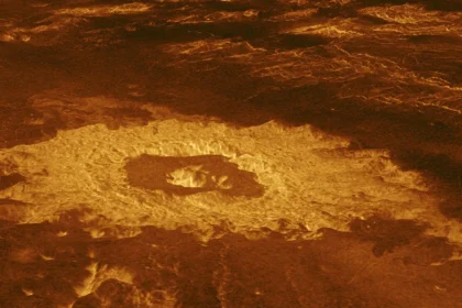 Image of Venus surface showing volcanic caldera and rugged terrain