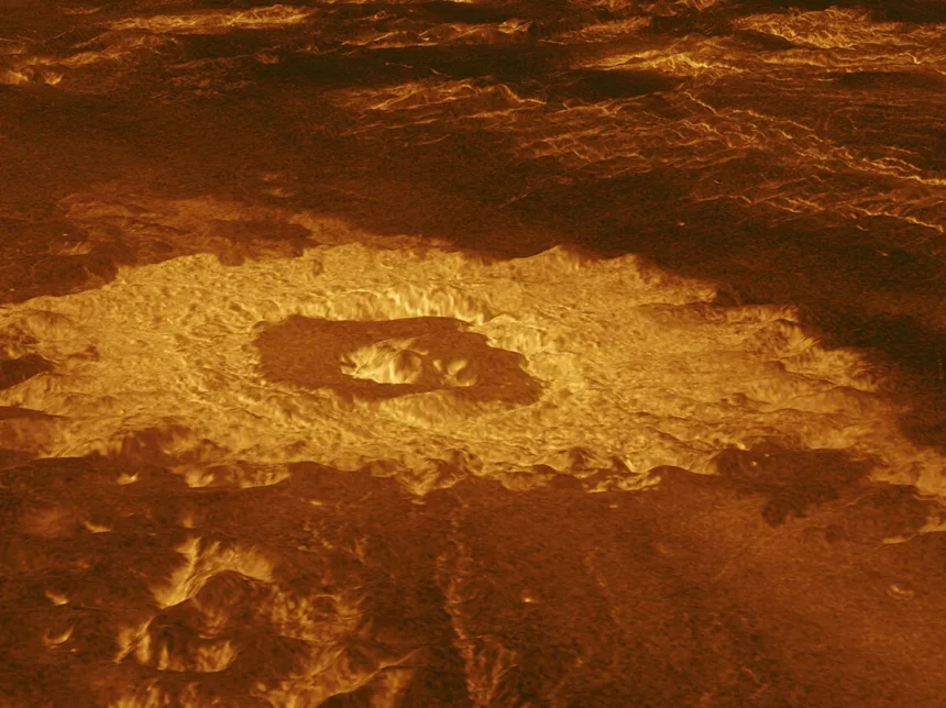 Image of Venus surface showing volcanic caldera and rugged terrain