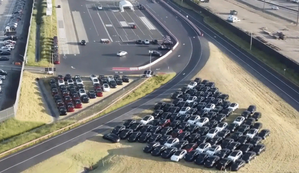 Hundreds of unsold Teslas stacked up in another vacant lot.