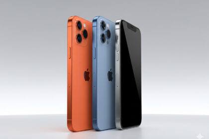 Three iPhone 17 models in silver, orange, and blue, displayed side by side with a sleek Apple-style design.