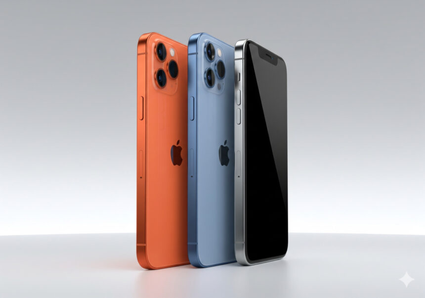 Three iPhone 17 models in silver, orange, and blue, displayed side by side with a sleek Apple-style design.