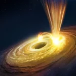 Artist’s impression of high-speed gas being expelled from the centre of a supermassive black hole.