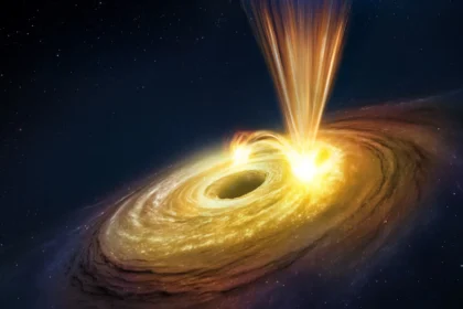 Artist’s impression of high-speed gas being expelled from the centre of a supermassive black hole.