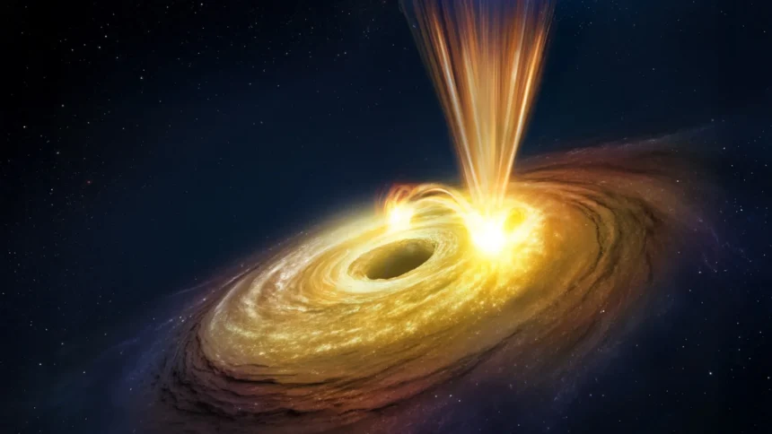 Artist’s impression of high-speed gas being expelled from the centre of a supermassive black hole.