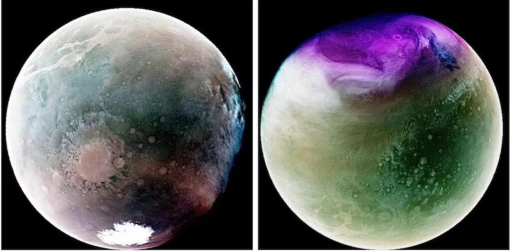 Ultraviolet images of Mars’ atmosphere in 2022 and 2023 captured by NASA’s MAVEN orbiter.